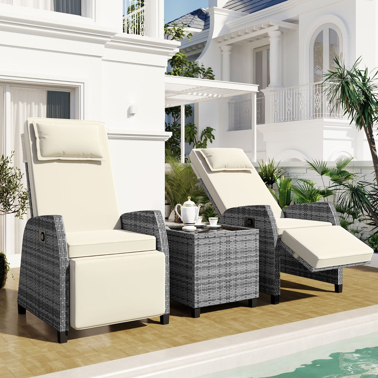 U Style Outdoor Rattan 2-Person Combo W Coffee Table, Adjustable For Courtyard