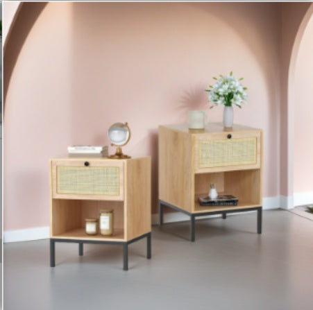 Wooden Nightstand With Woven Rattan Drawer Front - Stylish & Functional, Perfect For Home Decor