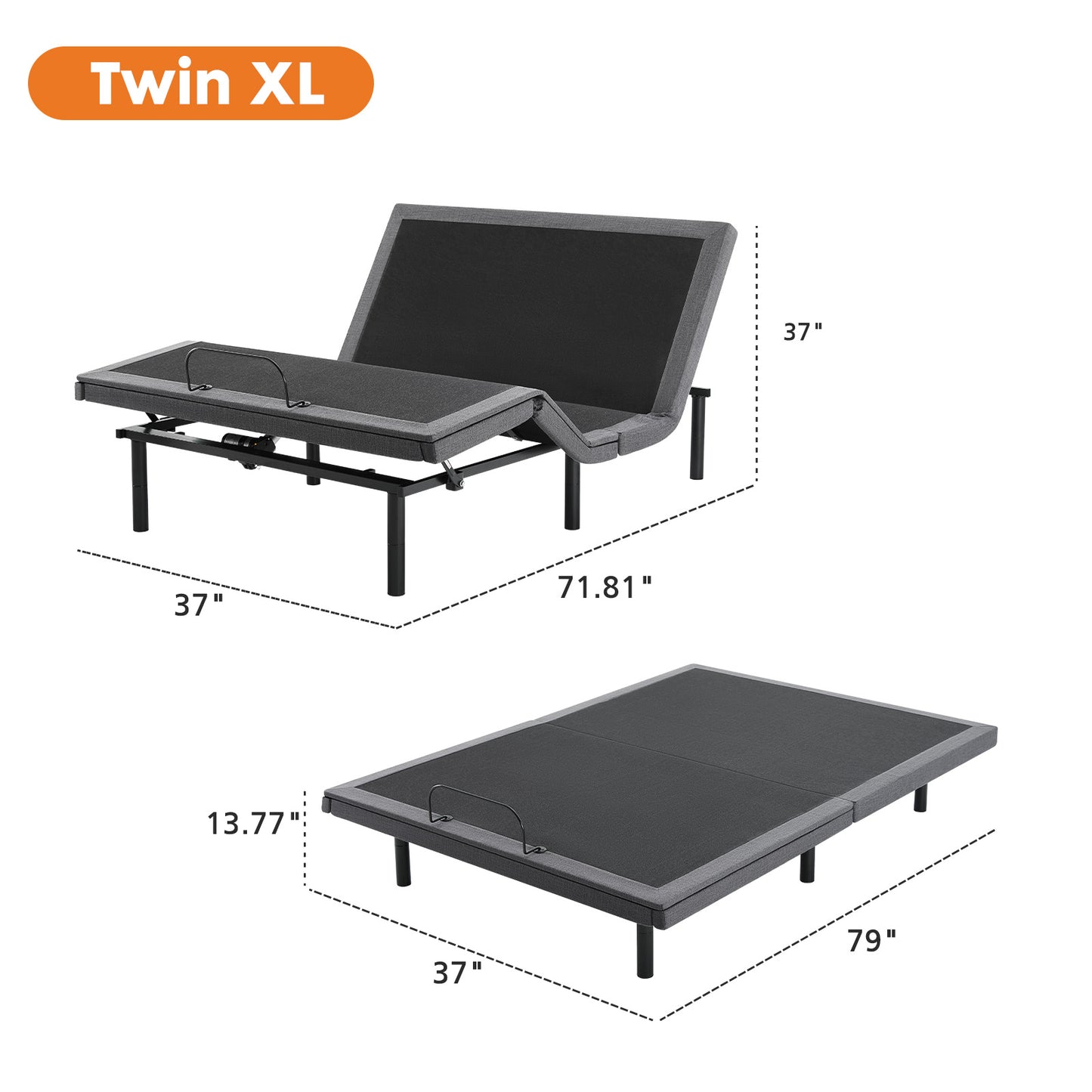 Twin XL size adjustable bed with dimensions on a white background