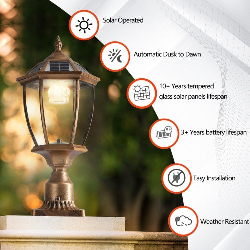 Vintage Gold Solar Pillar Headlight with Dimmable LED – Elegant Outdoor Lighting Solution