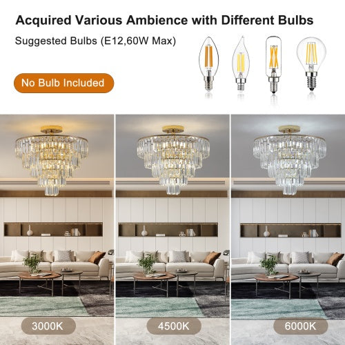 Golden Crystal Chandelier - 5-Layer Round Semi-Recessed Luxury Chandelier
