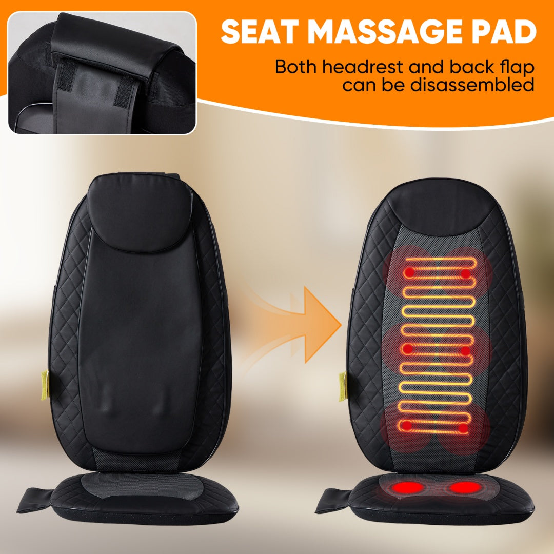 Seat massage pad with headrest and back flap disassembly feature on a beige background