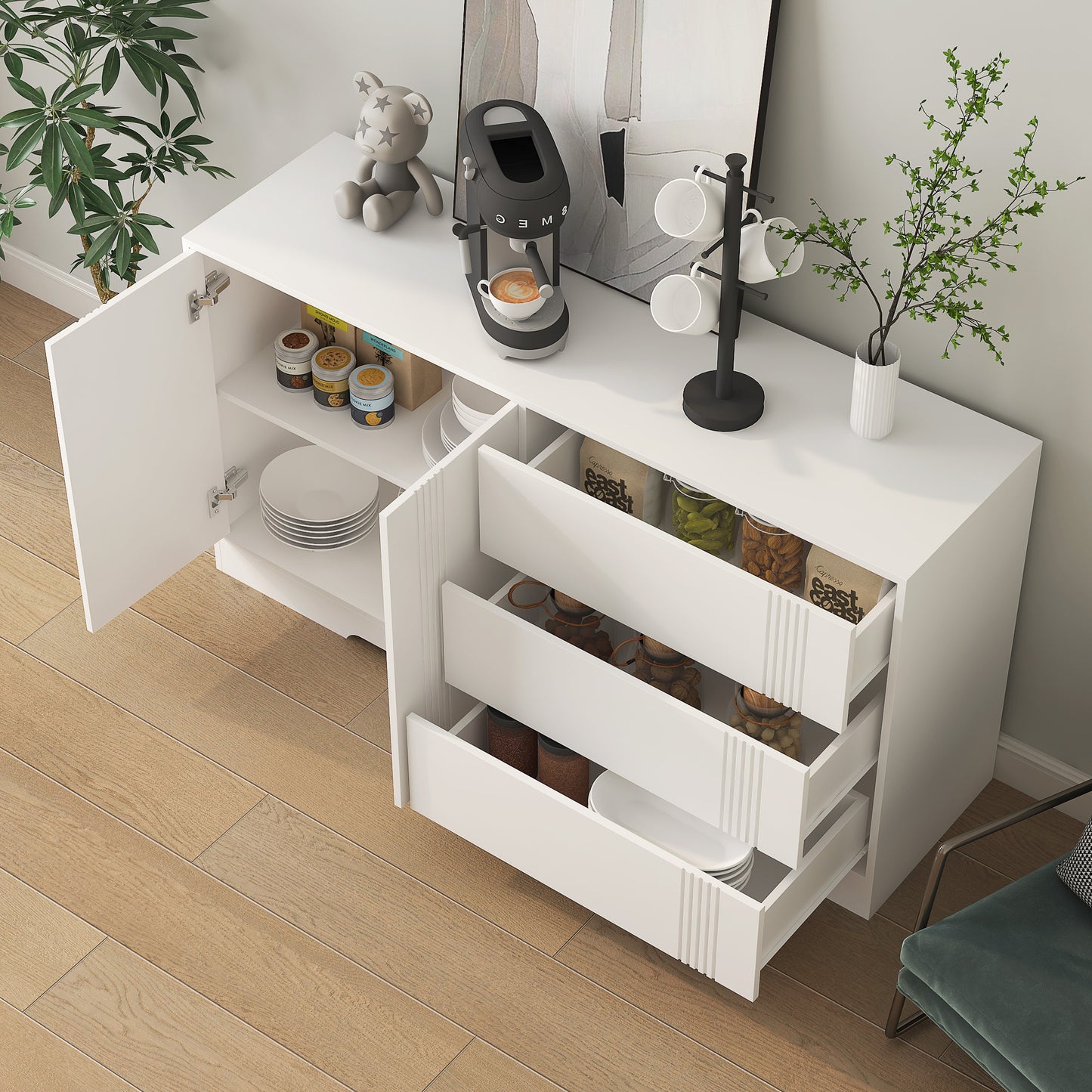 Sideboard Buffet Cabinet With Storage, Modern Kitchen Buffet Storage Cabinet With Drawer And Doors, Large Coffee Bar With Adjustable Shelves For Kitchen
