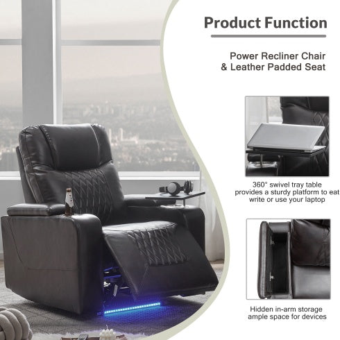 Power Motion Recliner with USB Charging Port, Hidden Arm Storage, and 360° Swivel Tray Table – Brown