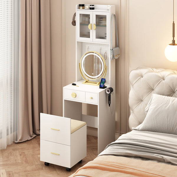 3-Drawer, 2-Door Dressing Table Set with Large LED Round Mirror โ Elegant & Functional Vanity for Your Beauty Space