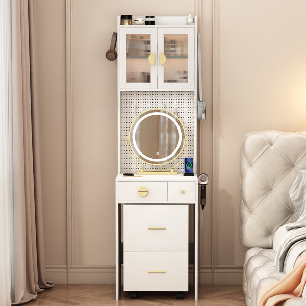 3-Drawer, 2-Door Dressing Table Set with Large LED Round Mirror โ Elegant & Functional Vanity for Your Beauty Space