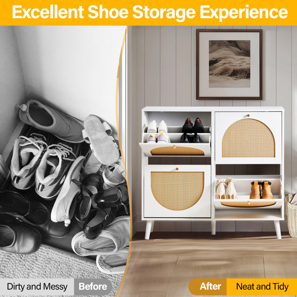 Tall Rattan Shoe Cabinet with 8-Tier Tipping Buckets – Modern Space-Saving Storage