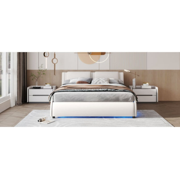 Queen Size Upholstered Faux Leather Platform Bed with LED Light – Modern Elegance & Comfort