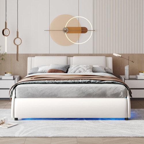 Queen Size Upholstered Faux Leather Platform Bed with LED Light – Modern Elegance & Comfort