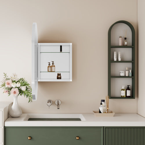 20x34 Inch Oval Recessed Metal Frame Bathroom Wall Cabinet with Mirror & Adjustable Shelves