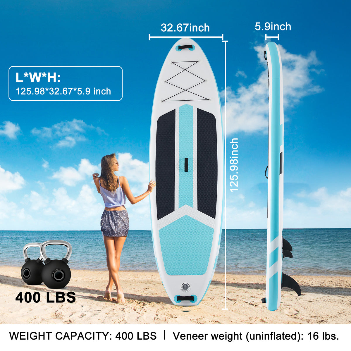 Inflatable paddleboard with measurements and weight capacity on a beach background