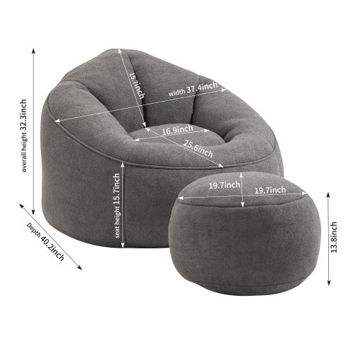 Gray bean bag chair with measurements on a white background