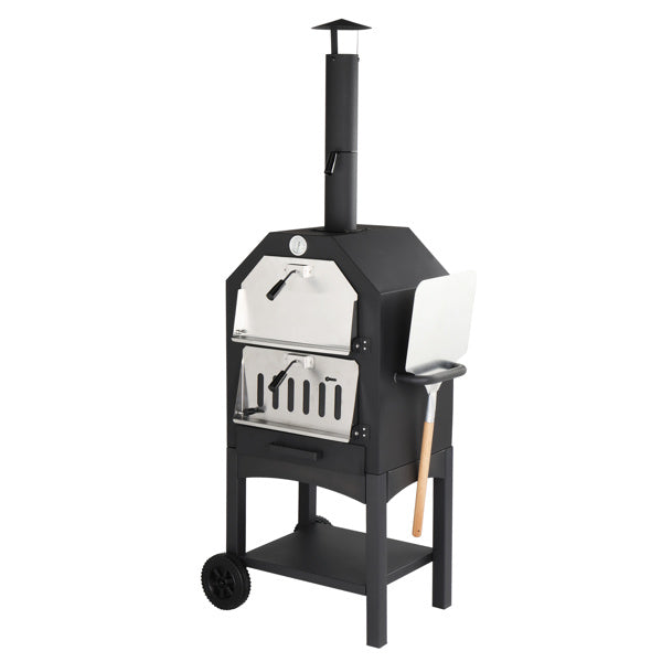 Freestanding Carbon Grill with Chimney, Wheels, Pizza Stone, and Pizza Shovel – Ultimate Outdoor Cooking Experience