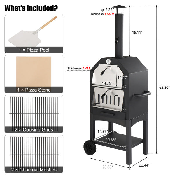 Freestanding Carbon Grill with Chimney, Wheels, Pizza Stone, and Pizza Shovel – Ultimate Outdoor Cooking Experience