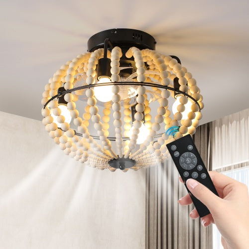 Elegant Beaded Fan Lamp | Handcrafted Wooden Chandelier in Oak White
