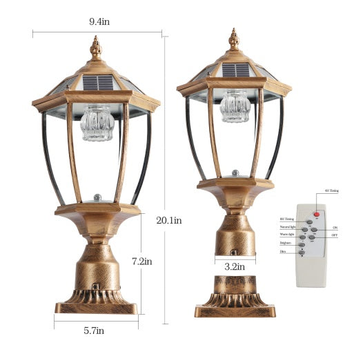 Vintage Gold Solar Pillar Headlight with Dimmable LED – Elegant Outdoor Lighting Solution
