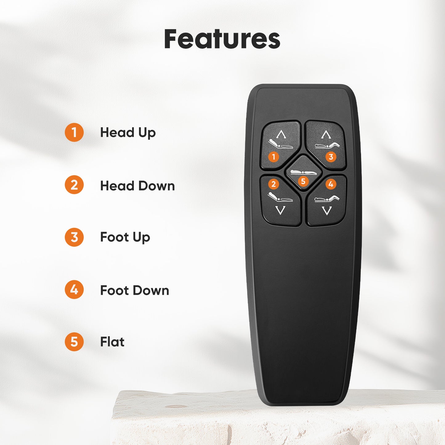 Black remote control with labeled features on a white background