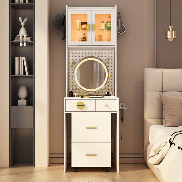 3-Drawer, 2-Door Dressing Table Set with Large LED Round Mirror โ Elegant & Functional Vanity for Your Beauty Space