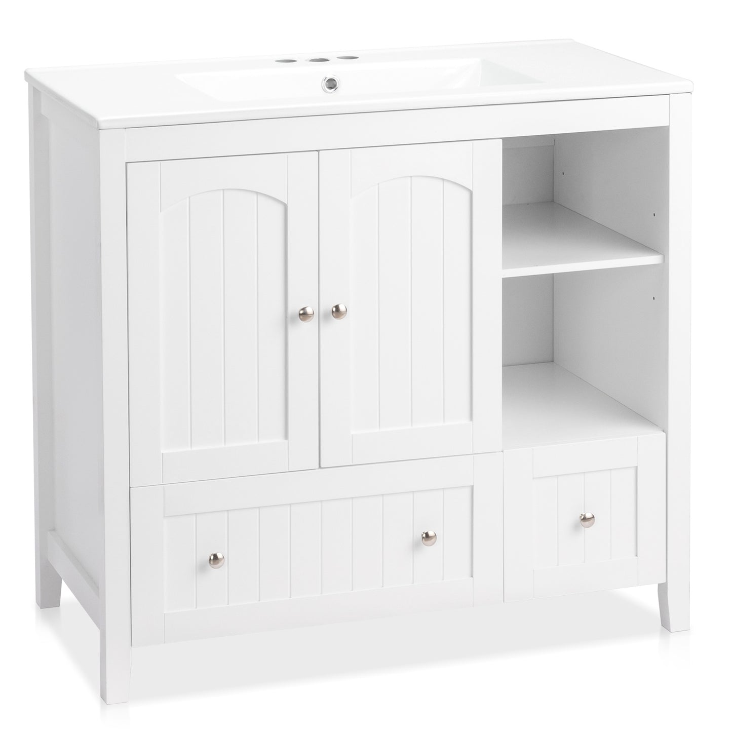 White MDF Painted Double Door Double Drawer With Masking Strip Basin Cabinet 91x46x82cm