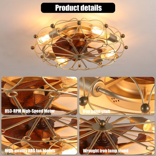 Low-Profile Industrial Cage Ceiling Fan with Light & Remote Control | Modern & Space-Saving Design
