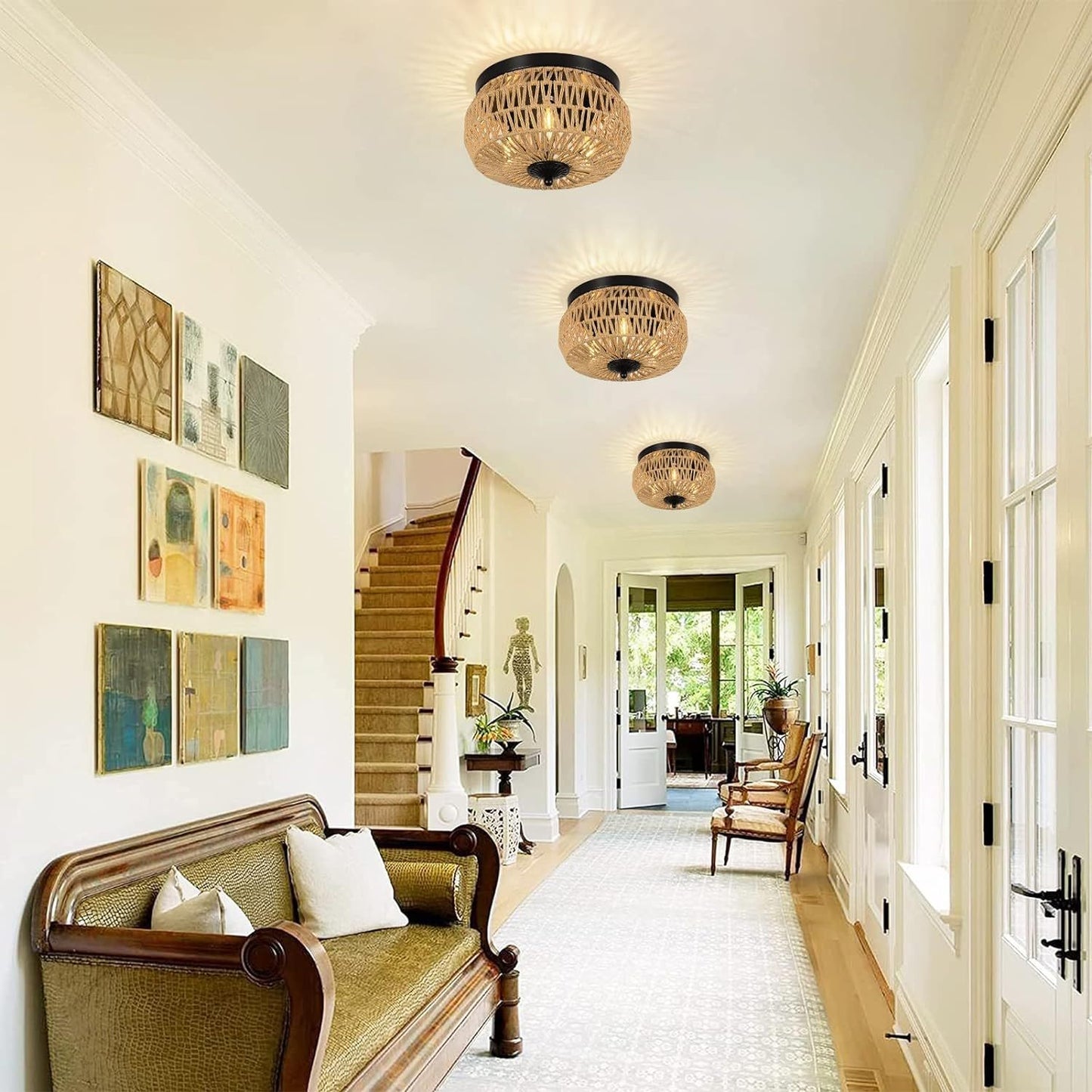 Modern Boho Rattan Chandelier – Handmade 3-Light Pendant for Kitchen, Bedroom & Hallway