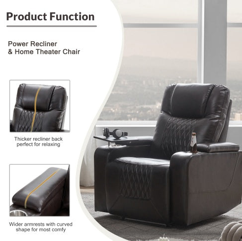 Power Motion Recliner with USB Charging Port, Hidden Arm Storage, and 360° Swivel Tray Table – Brown