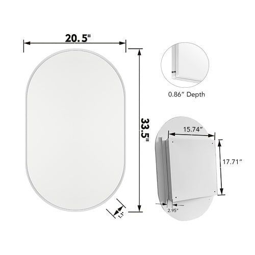 20x34 Inch Oval Recessed Metal Frame Bathroom Wall Cabinet with Mirror & Adjustable Shelves