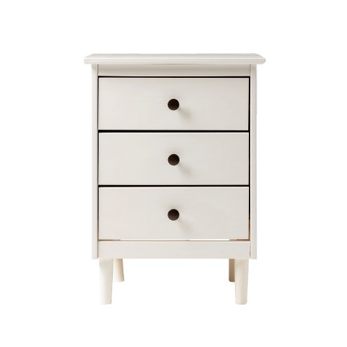 White three-drawer nightstand on a white background