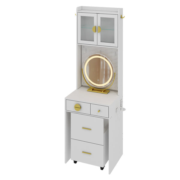 3-Drawer, 2-Door Dressing Table Set with Large LED Round Mirror โ Elegant & Functional Vanity for Your Beauty Space