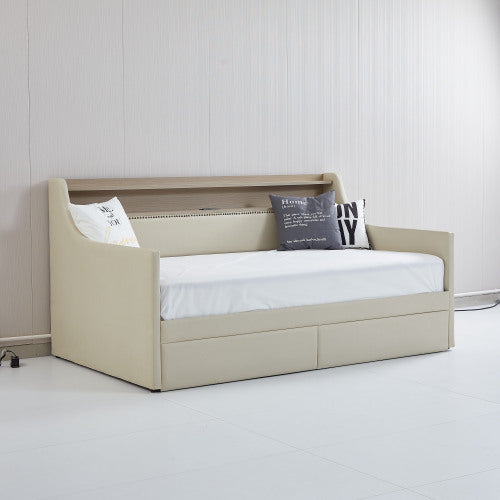 Twin Size Upholstered Daybed with Storage Drawers, LED Lights & Charging Station – Elegant Multifunctional Comfort