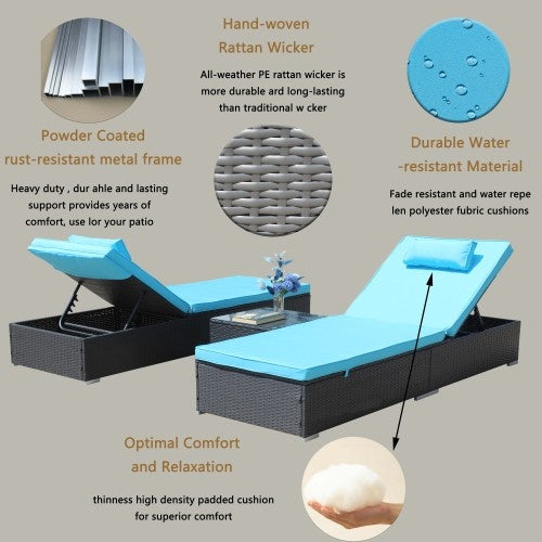 🌴 Viva Breeze™ 3-Piece Blue Patio Chaise Lounge Set – Indulge in Intelligent Outdoor Living