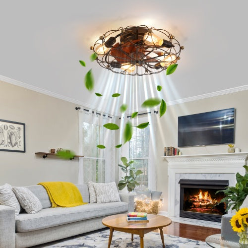Low Profile Cage Ceiling Fan with Light & Remote Control – Modern Industrial Design for Smart Living Spaces