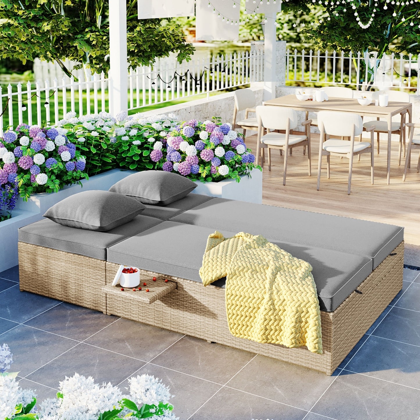 TOPMAX Outdoor Double Sunbed, Wicker Rattan, Adjustable Backrest Seat