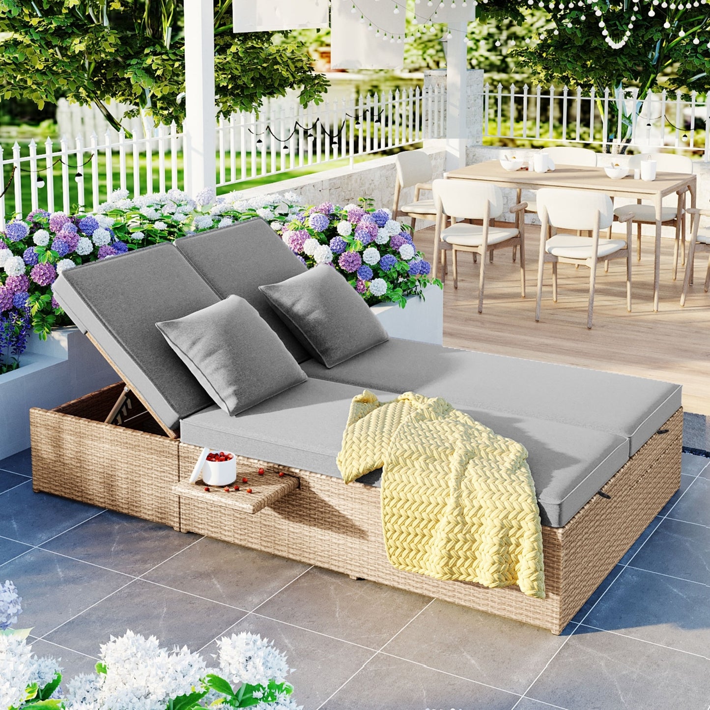 TOPMAX Outdoor Double Sunbed, Wicker Rattan, Adjustable Backrest Seat