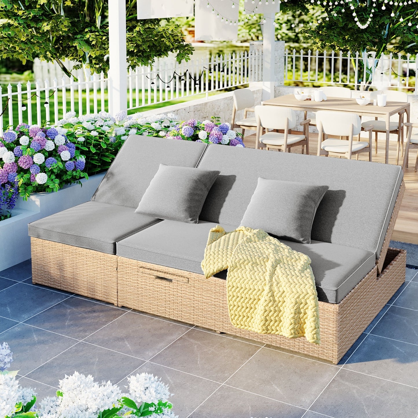 TOPMAX Outdoor Double Sunbed, Wicker Rattan, Adjustable Backrest Seat