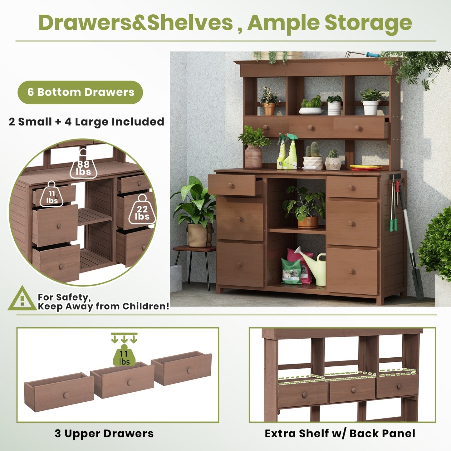 Video Provided TOPMAX Garden Potting Bench Table, Rustic And Sleek Design With Multiple Drawers An