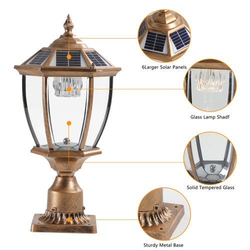 Vintage Gold Solar Pillar Headlight with Dimmable LED – Elegant Outdoor Lighting Solution