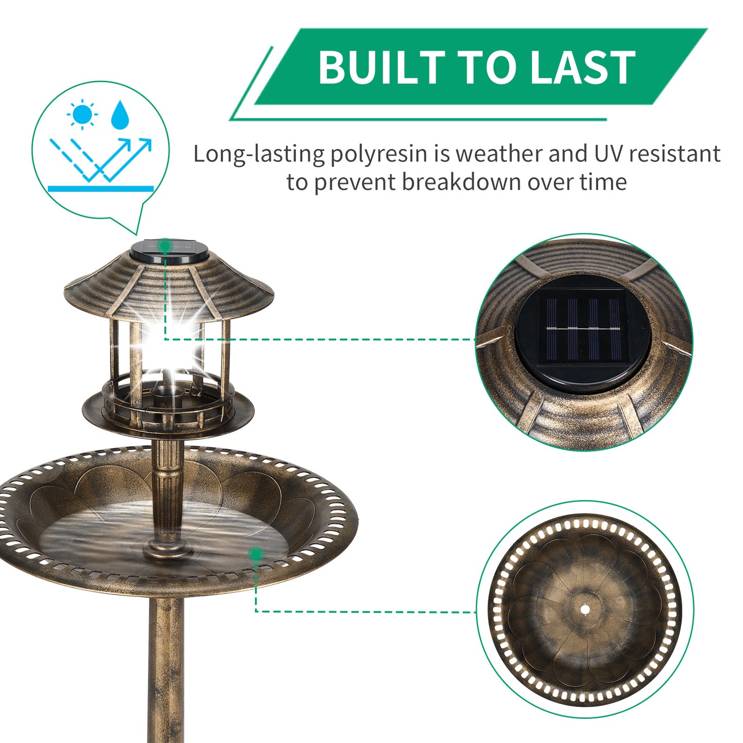 Bronze Solar-Powered Bird Bath β Elegant Outdoor Decor with LED Light