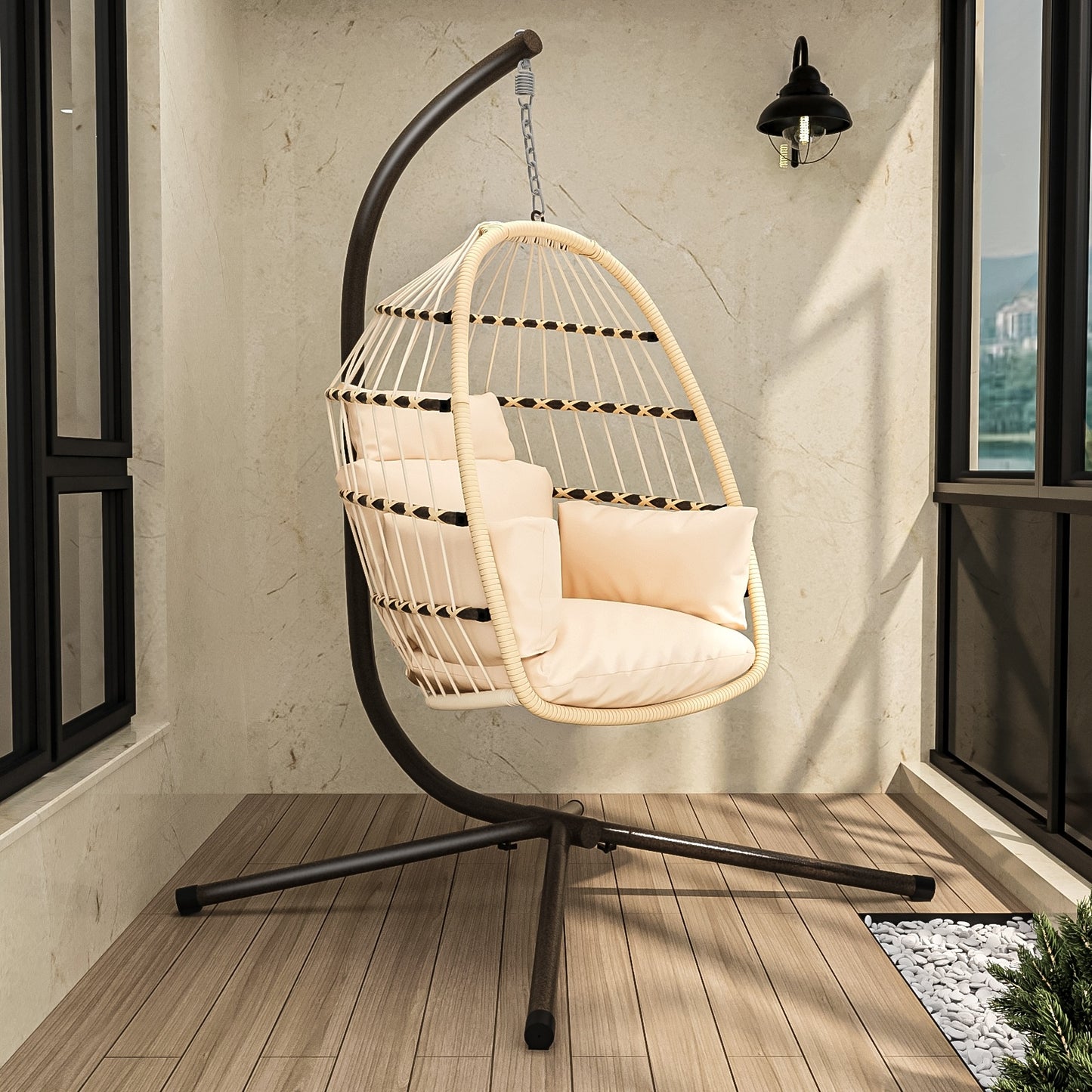 Patio Foldable Hanging Swing Chair with Stand - Natural Color