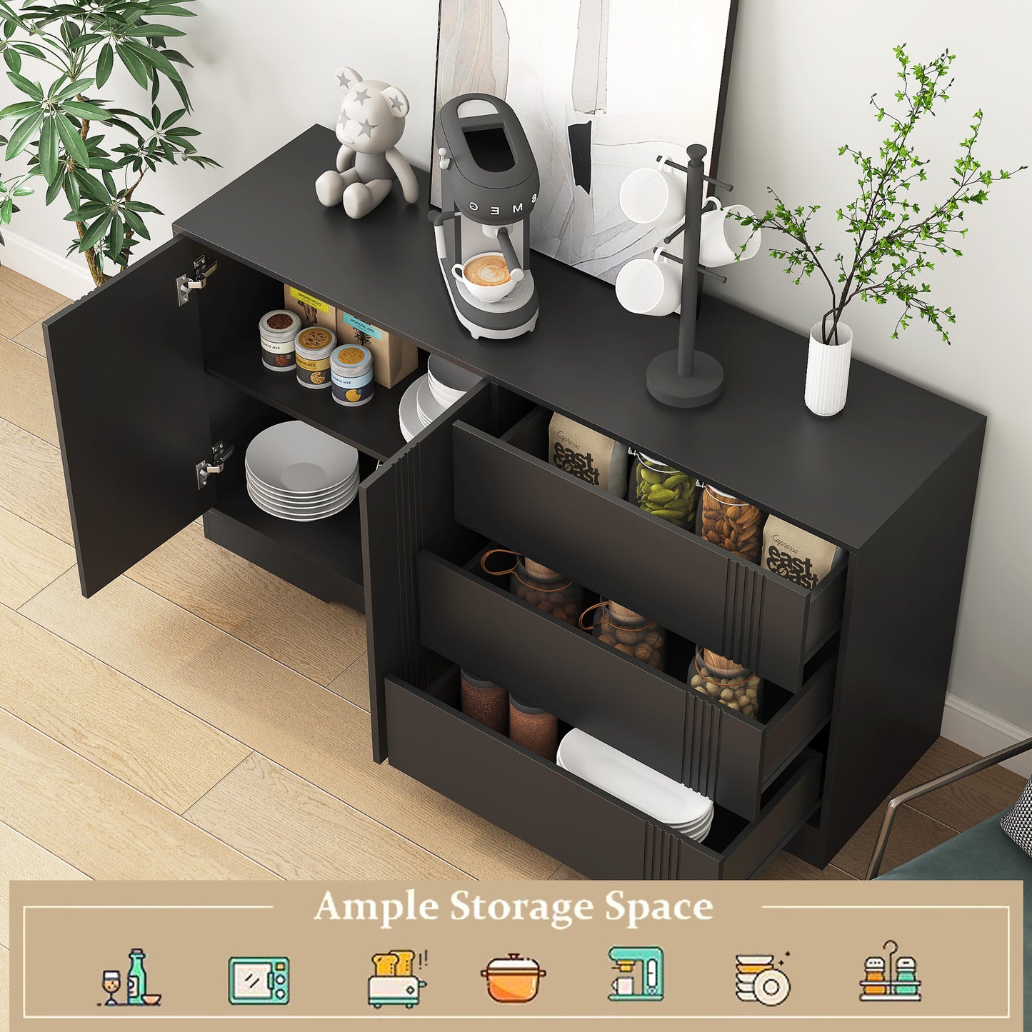 Sideboard Buffet Cabinet With Storage, Modern Kitchen Buffet Storage Cabinet With Drawer And Doors, Large Coffee Bar With Adjustable Shelves For Kitchen
