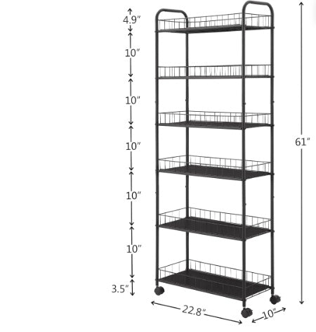 Viva Essentials Collection: 6-Tier Slim Rolling Shelf with Wheels