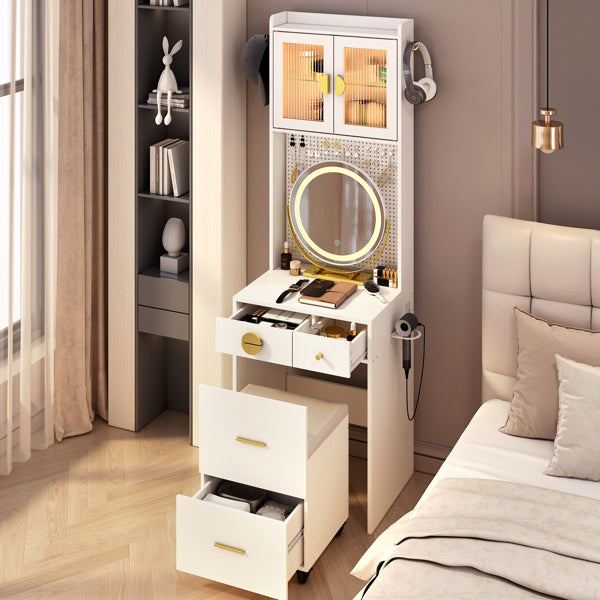 3-Drawer, 2-Door Dressing Table Set with Large LED Round Mirror โ Elegant & Functional Vanity for Your Beauty Space