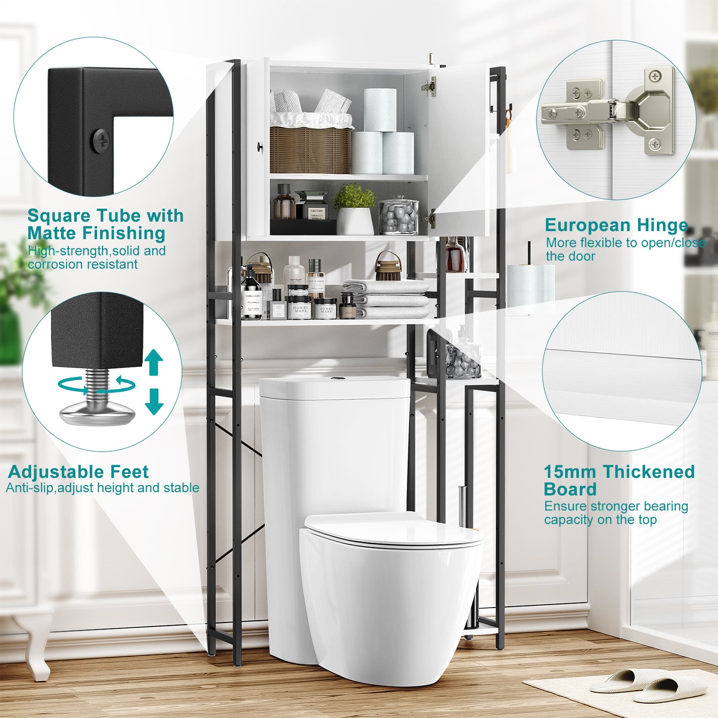 Elegant Bathroom Storage Cabinet with 4 Adjustable Side Shelves - Maximize Your Space with Style