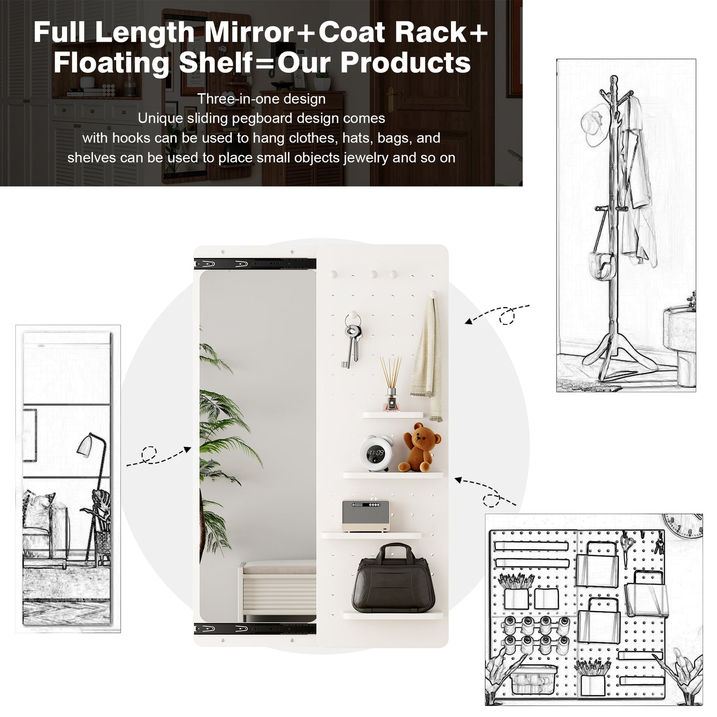 full length wall mirror 47 6" panel mirror with hidden product detail view