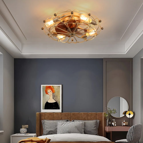 Low-Profile Industrial Cage Ceiling Fan with Light & Remote Control | Modern & Space-Saving Design