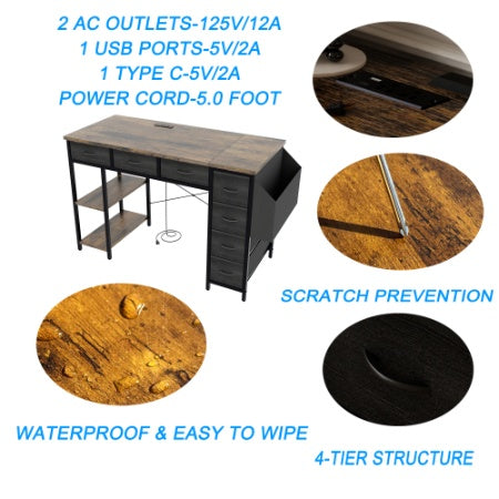 47-Inch Computer Desk with Power Outlet โ Rustic Brown Writing Desk with 7 Fabric Drawers & Large Side Pocket