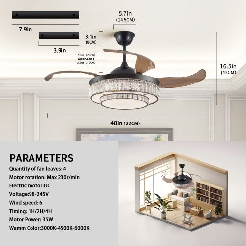 Modern LED Retractable Ceiling Fan with Light and Remote Control - Smart & Stylish Airflow Solution