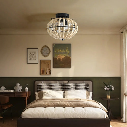 Elegant Beaded Fan Lamp | Handcrafted Wooden Chandelier in Oak White