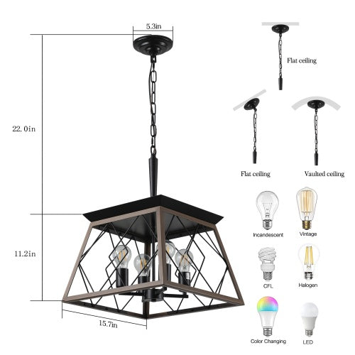 Viva Elite Farmhouse Chandelier - 4-Light Vintage Pendant with Walnut & Black Finish