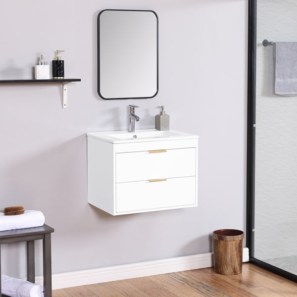 24-Inch Floating Wall-Mounted Bathroom Vanity with White Ceramic Sink & Drawer Storage | Sleek & Modern Design